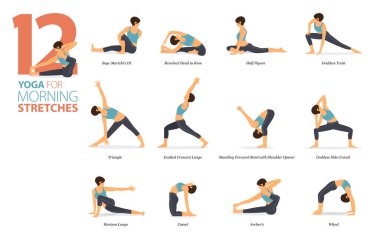 Infographic 12 Yoga, düz dizayn Sabah Esnemeleri konseptinde evde egzersiz için poz veriyor. Kadınlar vücut esneme egzersizi yapıyor. Fitness bilgisi için yoga duruşu ya da asana. Düz Çizgi film Vektör İllüstrasyonu.