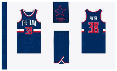 Spor kulübü için basketbol forması şablonu tasarımı. Basketbol forması, öndeki basketbol şortu, arka görüş ve yan görüş. Basketbol logosu tasarımı. Vektör İllüstrasyonu
