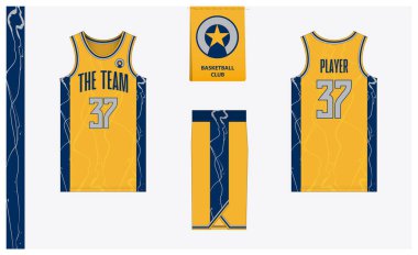Spor kulübü için basketbol forması şablonu tasarımı. Basketbol forması, öndeki basketbol şortu, arka görüş ve yan görüş. Basketbol logosu tasarımı. Vektör İllüstrasyonu