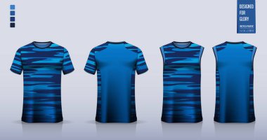 Tişört modeli, futbol forması için spor gömlek şablonu tasarımı, futbol takımı. Basketbol forması için atlet, koşan atlet. Önde ve arkada spor üniformaları için kumaş desenleri var. Vektör İllüstrasyonu