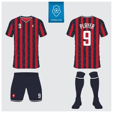 Futbol forması ya da futbol kulübü için futbol takımı tasarımı. Futbol tişörtü, kısa, çorap şablonu. Futbol forması ön tarafta, arka planda. Düz dizaynlı futbol logosu. Vektör İllüstrasyonu. 