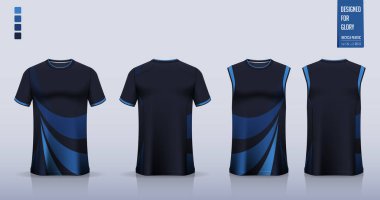Tişört modeli, futbol forması için spor gömlek şablonu tasarımı, futbol takımı. Basketbol forması için atlet, koşan atlet. Önde ve arkada spor üniformaları için kumaş desenleri var. Vektör İllüstrasyonu