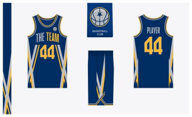 Spor kulübü için basketbol forması şablonu tasarımı. Basketbol forması, öndeki basketbol şortu, arka görüş ve yan görüş. Basketbol logosu tasarımı. Vektör İllüstrasyonu