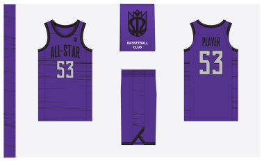 Spor kulübü için basketbol forması şablonu tasarımı. Basketbol forması, öndeki basketbol şortu, arka görüş ve yan görüş. Basketbol logosu tasarımı. Vektör İllüstrasyonu