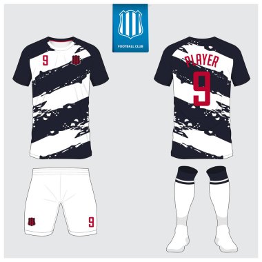 Futbol forması ya da futbol kulübü için futbol takımı tasarımı. Futbol tişörtü, kısa, çorap şablonu. Futbol forması ön tarafta, arka planda. Düz dizaynlı futbol logosu. Vektör İllüstrasyonu. 