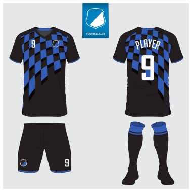 Futbol forması ya da futbol kulübü için futbol takımı tasarımı. Futbol tişörtü, kısa, çorap şablonu. Futbol forması ön tarafta, arka planda. Düz dizaynlı futbol logosu. Vektör İllüstrasyonu. 