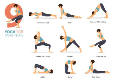 Infographic 9 Yoga, düz tasarımda kilo verme kavramında evde egzersiz yapmak için poz veriyor. Kadınlar vücut esneme egzersizi yapıyor. Fitness bilgisi için yoga duruşu ya da asana. Düz Çizgi film Vektör İllüstrasyonu.