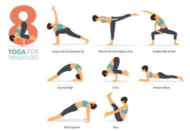 Infographic 8 Yoga, düz tasarımda kilo verme kavramında evde çalışmak için poz veriyor. Kadınlar vücut esneme egzersizi yapıyor. Fitness bilgisi için yoga duruşu ya da asana. Düz Çizgi film Vektör İllüstrasyonu.
