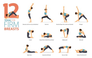 Infographic 12 Yoga, düz dizaynlı sıkı göğüsler kavramında evde çalışmak için poz veriyor. Kadınlar vücut esneme egzersizi yapıyor. Fitness bilgisi için yoga duruşu ya da asana. Düz Çizgi film Vektör İllüstrasyonu.