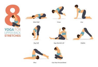 Infographic 8 Yoga, düz dizaynlı sırt gerdirme kavramında evde egzersiz için poz veriyor. Kadınlar vücut esneme egzersizi yapıyor. Fitness bilgisi için yoga duruşu ya da asana. Düz Çizgi film Vektör İllüstrasyonu.