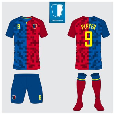 Futbol forması ya da futbol kulübü için futbol takımı tasarımı. Futbol tişörtü, kısa, çorap şablonu. Futbol forması ön tarafta, arka planda. Düz dizaynlı futbol logosu. Vektör İllüstrasyonu. 