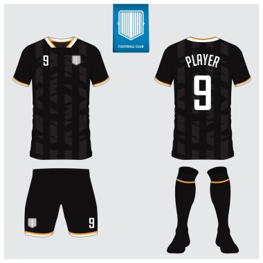 Futbol forması ya da futbol kulübü için futbol takımı tasarımı. Futbol tişörtü, kısa, çorap şablonu. Futbol forması ön tarafta, arka planda. Düz dizaynlı futbol logosu. Vektör İllüstrasyonu. 