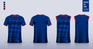 Tişört modeli, futbol forması için spor gömlek şablonu tasarımı, futbol takımı. Basketbol forması için atlet, koşan atlet. Önde ve arkada spor üniformaları için kumaş desenleri var. Vektör İllüstrasyonu