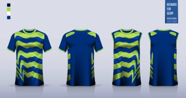 Tişört modeli, futbol forması için spor gömlek şablonu tasarımı, futbol takımı. Basketbol forması için atlet, koşan atlet. Önde ve arkada spor üniformaları için kumaş desenleri var. Vektör İllüstrasyonu