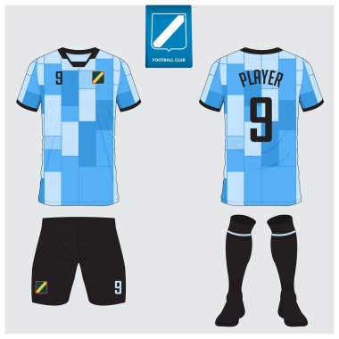 Futbol forması ya da futbol kulübü için futbol takımı tasarımı. Futbol tişörtü, kısa, çorap şablonu. Futbol forması ön tarafta, arka planda. Düz dizaynlı futbol logosu. Vektör İllüstrasyonu. 