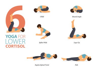 Infographic 6 Yoga, düz tasarımda düşük kortizol kavramına göre evde egzersiz için poz veriyor. Kadınlar vücut esneme egzersizi yapıyor. Fitness bilgisi için yoga duruşu ya da asana. Düz Çizgi film Vektör İllüstrasyonu.