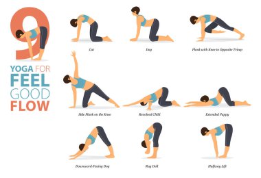 Infographic 9 Yoga düz tasarımda iyi bir akış konsepti olarak evde egzersiz için poz verir. Kadınlar vücut esneme egzersizi yapıyor. Fitness bilgisi için yoga duruşu ya da asana. Düz Çizgi film Vektör İllüstrasyonu.