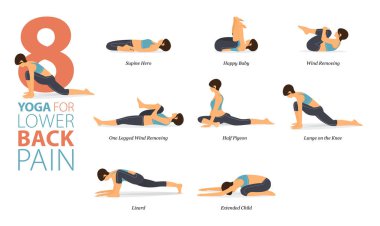 Infographic 8 Yoga, düz tasarımda bel ağrısı kavramına uygun olarak evde egzersiz için poz veriyor. Kadınlar vücut esneme egzersizi yapıyor. Fitness bilgisi için yoga duruşu ya da asana. Düz Çizgi film Vektör İllüstrasyonu.