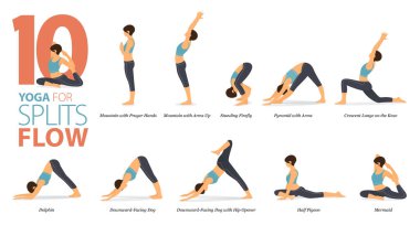 Infographic 10 Yoga düz tasarımda bölünme akışı kavramında evde çalışmak için poz veriyor. Kadınlar vücut esneme egzersizi yapıyor. Fitness bilgisi için yoga duruşu ya da asana. Düz Çizgi film Vektör İllüstrasyonu.