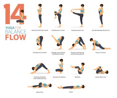 Infographic 14 Yoga düz tasarımda denge akışı kavramında evde çalışmak için poz veriyor. Kadınlar vücut esneme egzersizi yapıyor. Fitness bilgisi için yoga duruşu ya da asana. Düz Çizgi film Vektör İllüstrasyonu.