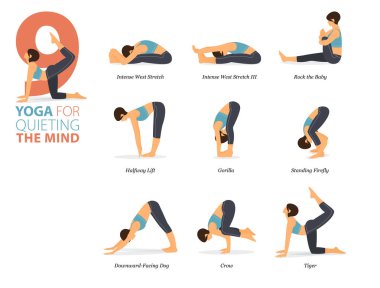 Infographic 9 Yoga, düz tasarımda zihni sakinleştirme kavramında evde çalışmak için poz veriyor. Kadınlar vücut esneme egzersizi yapıyor. Fitness bilgisi için yoga duruşu ya da asana. Düz Çizgi film Vektör İllüstrasyonu.