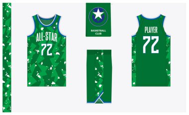 Spor kulübü için basketbol forması şablonu tasarımı. Basketbol forması, öndeki basketbol şortu, arka görüş ve yan görüş. Basketbol logosu tasarımı. Vektör İllüstrasyonu