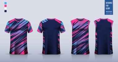 Tişört modeli, futbol forması için spor gömlek şablonu tasarımı, futbol takımı. Basketbol forması için atlet, koşan atlet. Önde ve arkada spor üniformaları için kumaş desenleri var. Vektör İllüstrasyonu