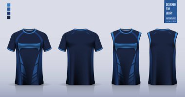 Tişört modeli, futbol forması için spor gömlek şablonu tasarımı, futbol takımı. Basketbol forması için atlet, koşan atlet. Önde ve arkada spor üniformaları için kumaş desenleri var. Vektör İllüstrasyonu