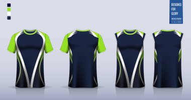 Tişört modeli, futbol forması için spor gömlek şablonu tasarımı, futbol takımı. Basketbol forması için atlet, koşan atlet. Önde ve arkada spor üniformaları için kumaş desenleri var. Vektör İllüstrasyonu