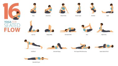 Infographic 16 Yoga düz dizaynlı akış kavramında evde egzersiz için poz veriyor. Kadınlar vücut esneme egzersizi yapıyor. Fitness bilgisi için yoga duruşu ya da asana. Düz Çizgi film Vektör İllüstrasyonu.