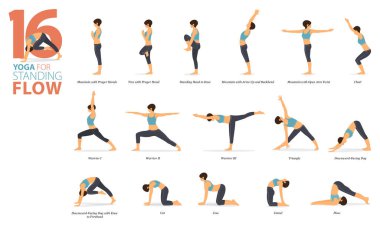 Infographic 16 Yoga, düz tasarımda sabit akış kavramında evde çalışmak için poz veriyor. Kadınlar vücut esneme egzersizi yapıyor. Fitness bilgisi için yoga duruşu ya da asana. Düz Çizgi film Vektör İllüstrasyonu.