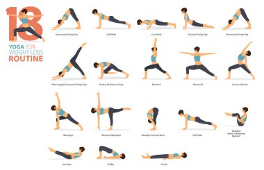 Infographic 18 Yoga, düz tasarımda kilo verme konsepti için evde egzersiz pozu veriyor. Kadınlar vücut esneme egzersizi yapıyor. Fitness bilgisi için yoga duruşu ya da asana. Düz Çizgi film Vektör İllüstrasyonu.