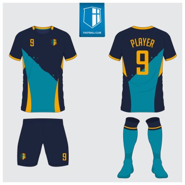 Futbol forması ya da futbol kulübü için futbol takımı tasarımı. Futbol tişörtü, kısa, çorap şablonu. Futbol forması ön tarafta, arka planda. Düz dizaynlı futbol logosu. Vektör İllüstrasyonu. 