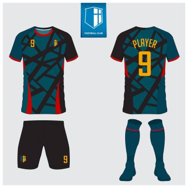 Futbol forması ya da futbol kulübü için futbol takımı tasarımı. Futbol tişörtü, kısa, çorap şablonu. Futbol forması ön tarafta, arka planda. Düz dizaynlı futbol logosu. Vektör İllüstrasyonu. 