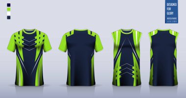 Tişört modeli, futbol forması için spor gömlek şablonu tasarımı, futbol takımı. Basketbol forması için atlet, koşan atlet. Önde ve arkada spor üniformaları için kumaş desenleri var. Vektör İllüstrasyonu