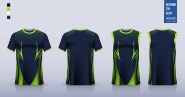 Tişört modeli, futbol forması için spor gömlek şablonu tasarımı, futbol takımı. Basketbol forması için atlet, koşan atlet. Önde ve arkada spor üniformaları için kumaş desenleri var. Vektör İllüstrasyonu