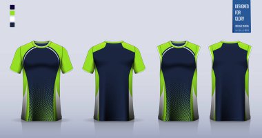 Tişört modeli, futbol forması için spor gömlek şablonu tasarımı, futbol takımı. Basketbol forması için atlet, koşan atlet. Önde ve arkada spor üniformaları için kumaş desenleri var. Vektör İllüstrasyonu