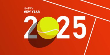 Yeni yılın kutlu olsun. Kutlama kartı ve sosyal medya paylaşımı ya da tenis ya da spor konseptinde afiş tasarımı şablonu. Sahada tenis topu. Vektör İllüstrasyonu.