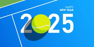 Yeni yılın kutlu olsun. Kutlama kartı ve sosyal medya paylaşımı ya da tenis ya da spor konseptinde afiş tasarımı şablonu. Sahada tenis topu. Vektör İllüstrasyonu.