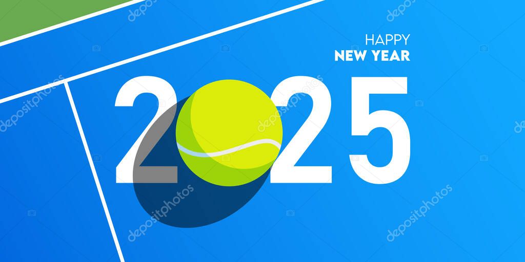 Happy new year 2025 celebration greeting card and social media post or banner design template in tennis or sport concept. Tennis ball on court. Vector Illustration.