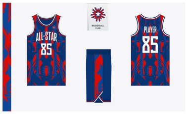 Basketball uniform mockup template design for sport club. Basketball jersey, basketball shorts in front, back view and side view. Basketball logo design. Vector Illustration clipart