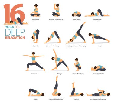 Infographic 16 Yoga, düz tasarımda derin rahatlama kavramında evde çalışmak için poz veriyor. Kadınlar vücut esneme egzersizi yapıyor. Fitness bilgisi için yoga duruşu ya da asana. Düz Çizgi film Vektör İllüstrasyonu.