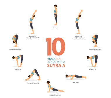 Infographic 10 Yoga düz tasarımda mala suyra kavramında evde çalışmak için poz veriyor. Kadınlar vücut esneme egzersizi yapıyor. Fitness bilgisi için yoga duruşu ya da asana. Düz Çizgi film Vektör İllüstrasyonu.
