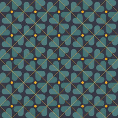 Geometrik dikişsiz desen, koyu arkaplanda deniz mavisi kalp şekilli yoncalar. Altın köşegen, küçük turuncu noktalı elmas şeklinde. Tekstil ve duvar kağıtları için modern tasarım modeli. Vektör İllüstrasyonu.