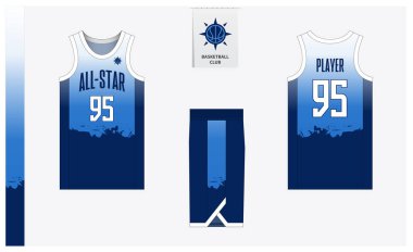 Spor kulübü için basketbol forması şablonu tasarımı. Basketbol forması, öndeki basketbol şortu, arka görüş ve yan görüş. Basketbol logosu tasarımı. Vektör İllüstrasyonu