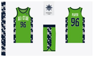 Spor kulübü için basketbol forması şablonu tasarımı. Basketbol forması, öndeki basketbol şortu, arka görüş ve yan görüş. Basketbol logosu tasarımı. Vektör İllüstrasyonu