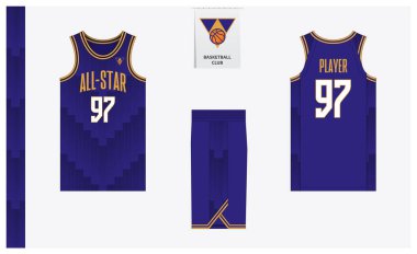 Spor kulübü için basketbol forması şablonu tasarımı. Basketbol forması, öndeki basketbol şortu, arka görüş ve yan görüş. Basketbol logosu tasarımı. Vektör İllüstrasyonu