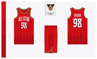 Spor kulübü için basketbol forması şablonu tasarımı. Basketbol forması, öndeki basketbol şortu, arka görüş ve yan görüş. Basketbol logosu tasarımı. Vektör İllüstrasyonu