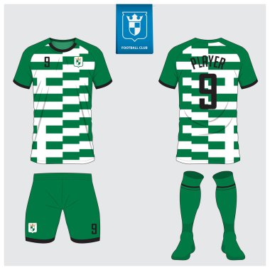 Futbol forması ya da futbol kulübü için futbol takımı tasarımı. Futbol tişörtü, kısa, çorap şablonu. Futbol forması ön tarafta, arka planda. Düz dizaynlı futbol logosu. Vektör İllüstrasyonu. 