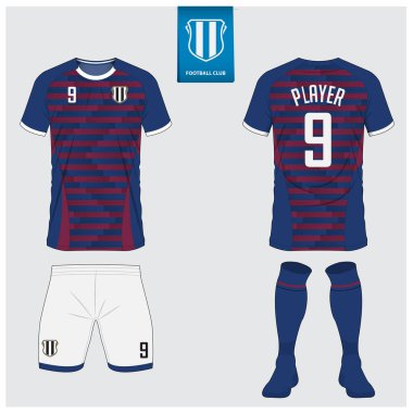 Futbol forması ya da futbol kulübü için futbol takımı tasarımı. Futbol tişörtü, kısa, çorap şablonu. Futbol forması ön tarafta, arka planda. Düz dizaynlı futbol logosu. Vektör İllüstrasyonu. 